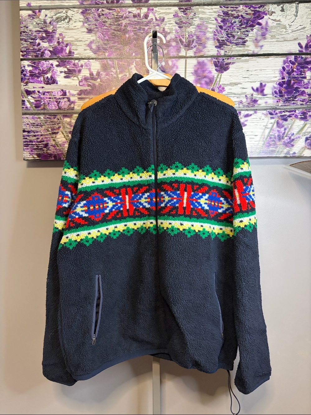 Ralph Lauren Navy Sherpa Zip Jacket with Green, Red and Blue Fair Isle EUC